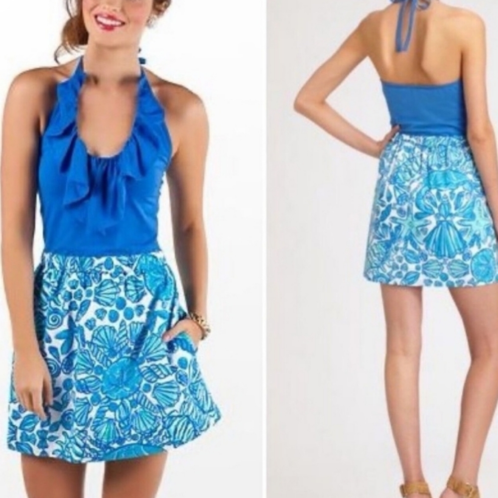 🌞Lilly Pulitzer Quinn Halter Dress Blue Sea Shells sz L